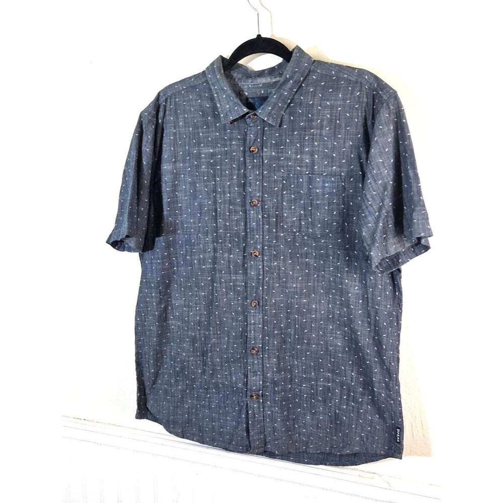 prAna Mens XL Navy Blue White Dash Print Short Sleeve Button Up Shirt Preppy